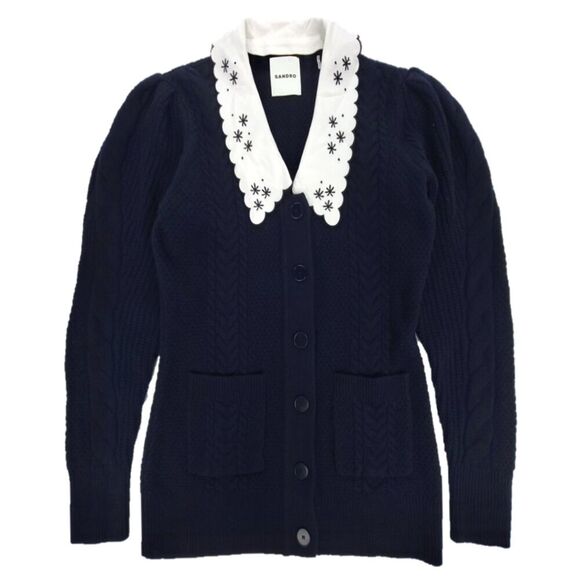 SANDRO Porcelaine Embroidered 100% Wool Puff Sleeve Cable Knit Cardigan Navy 6 - Picture 1 of 7